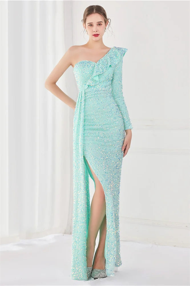 Modern Long Sleeves Sequins Evening Dress One Shoulder Mermaid With Split-BallBride