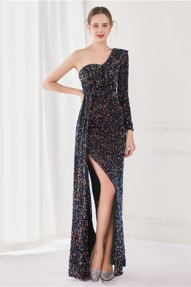Modern Long Sleeves Sequins Evening Dress One Shoulder Mermaid With Split-BallBride