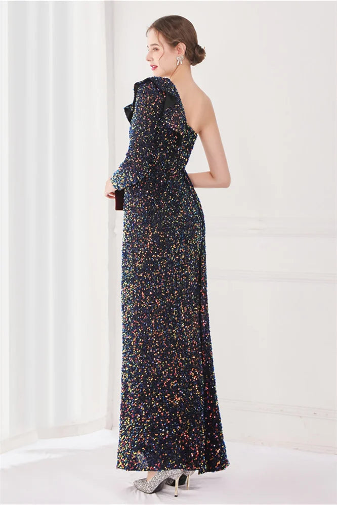 Modern Long Sleeves Sequins Evening Dress One Shoulder Mermaid With Split-BallBride