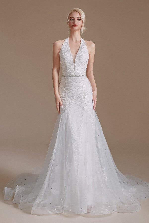 Modern Long Tulle Wedding Dress with Halter and Lace Appliques-BallBride