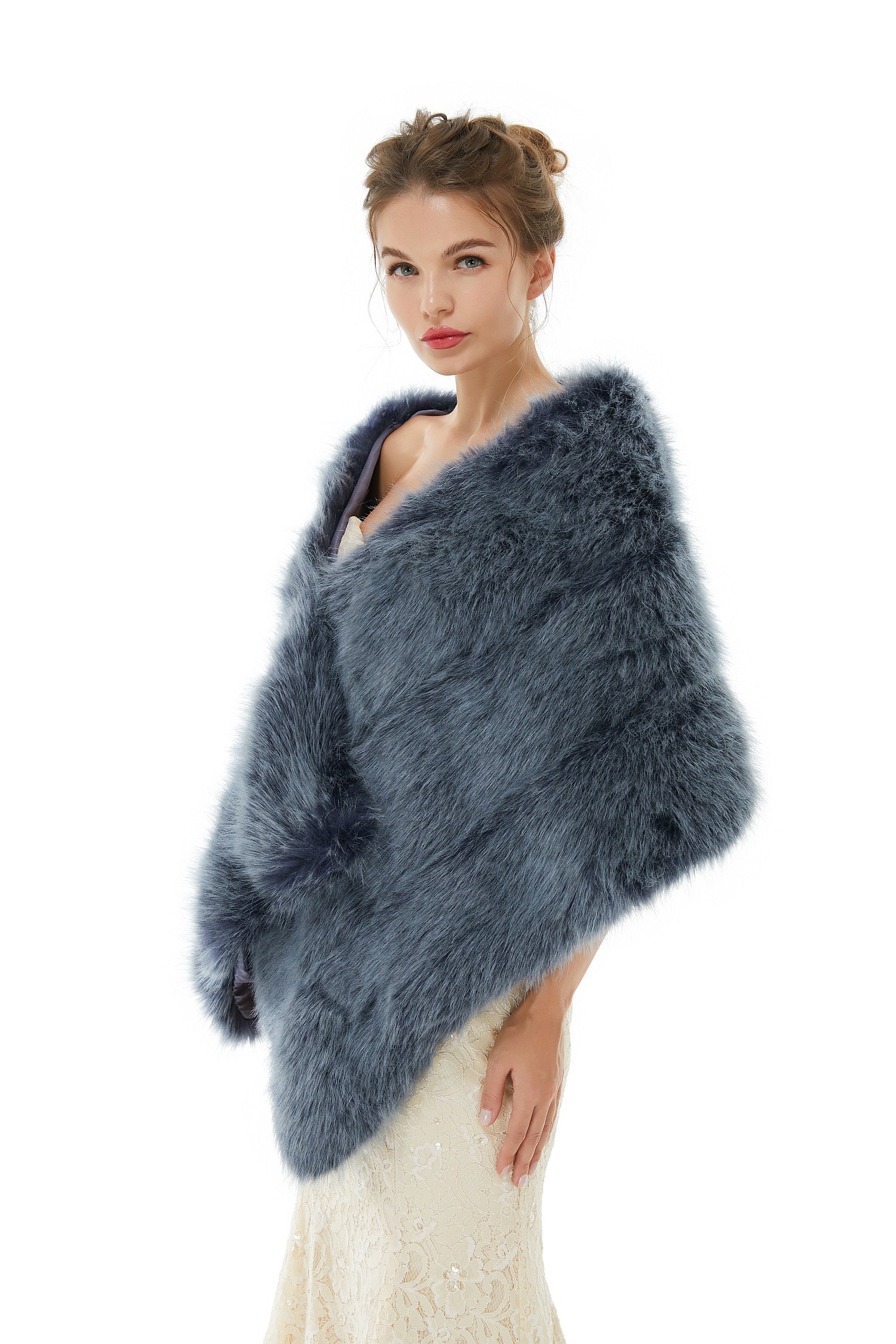 Modern Navy Blue Faux Fur Shawl Wrap for Winter Brides-BallBride