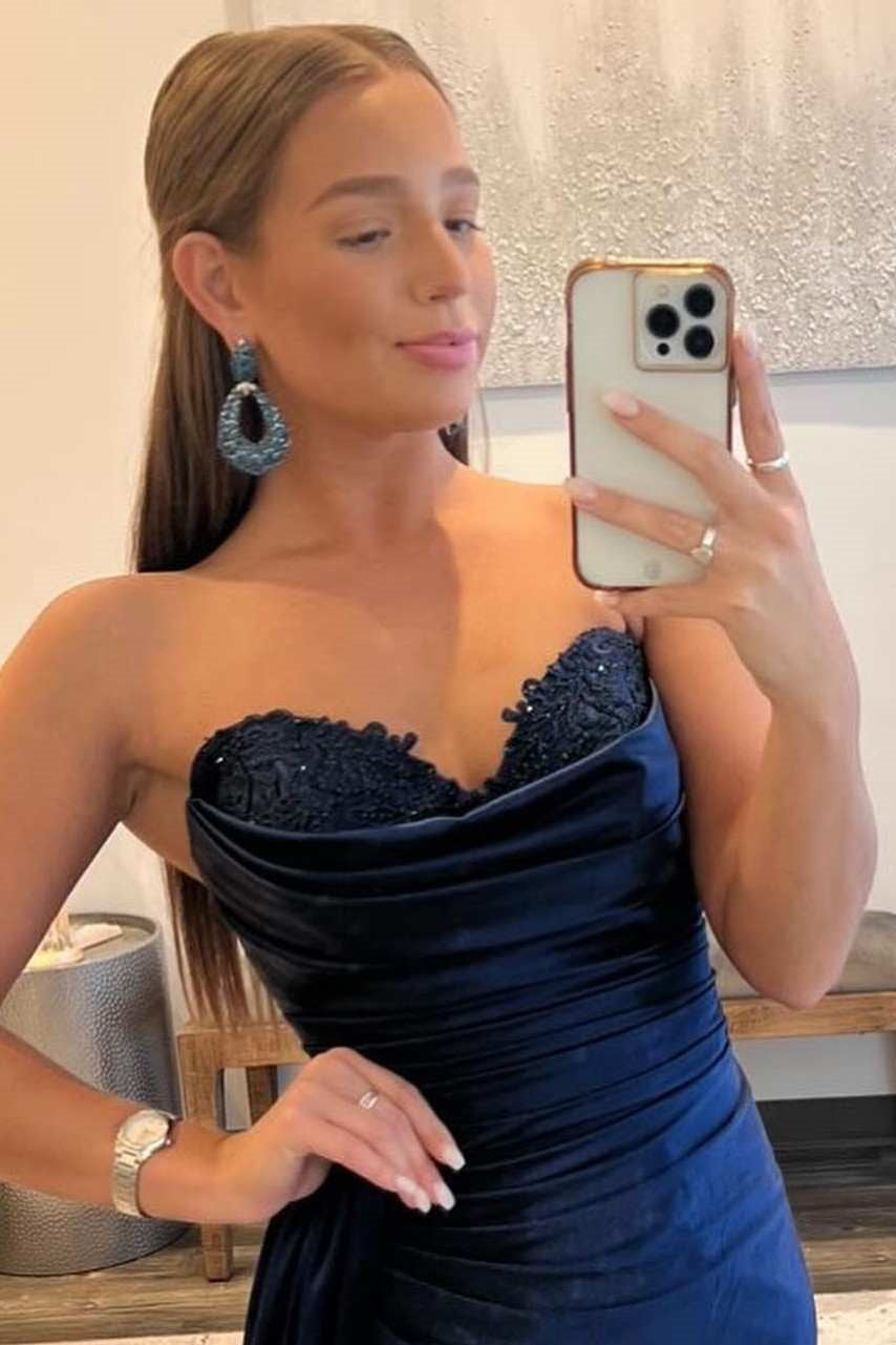 Modern Navy Blue Sweetheart Mermaid Prom Dress With Split Appliques and Pleats-BallBride