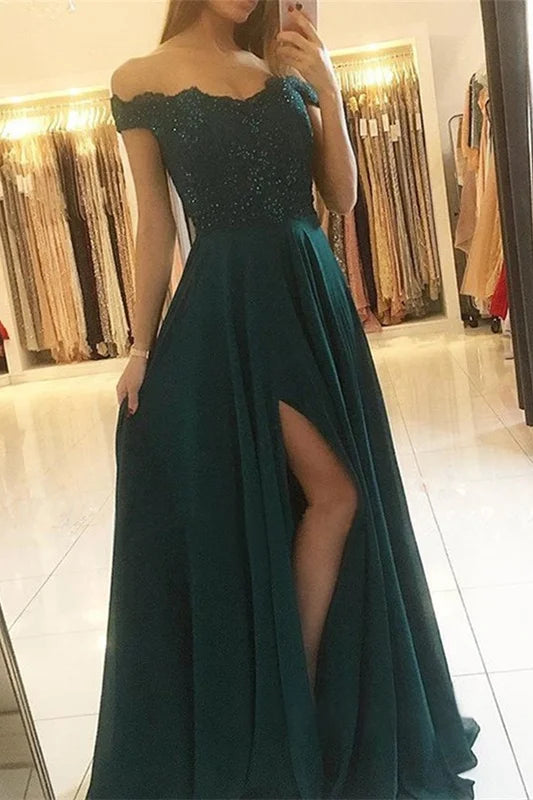 Modern Off-the-Shoulder Dark Green Long Evening Dress Split With Appliques-BallBride
