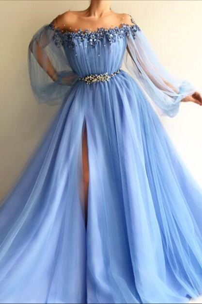 Modern Off-the-Shoulder Long Sleeves Prom Dress With Beads Split-BallBride