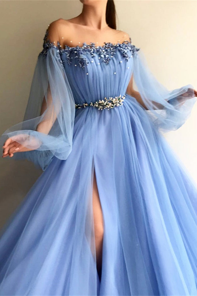 Modern Off-the-Shoulder Long Sleeves Prom Dress With Beads Split-BallBride