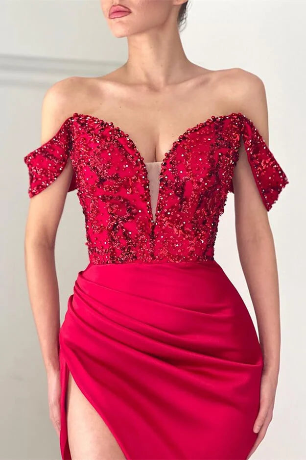 Modern Off-the-Shoulder Red Evening Dress Mermaid Slit With Beads-BallBride