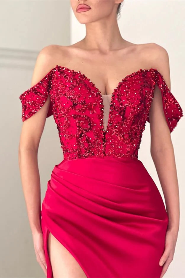 Modern Off-the-Shoulder Red Evening Dress Mermaid Slit With Beads-BallBride