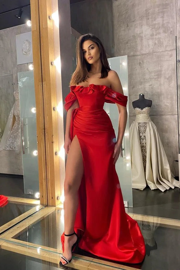 Modern Off-the-Shoulder Red Evening Gowns Mermaid Slit Ruffles Long Online-BallBride