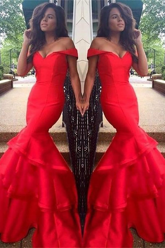 Modern Off-the-Shoulder Red Mermaid Evening Dress with Ruffles-BallBride