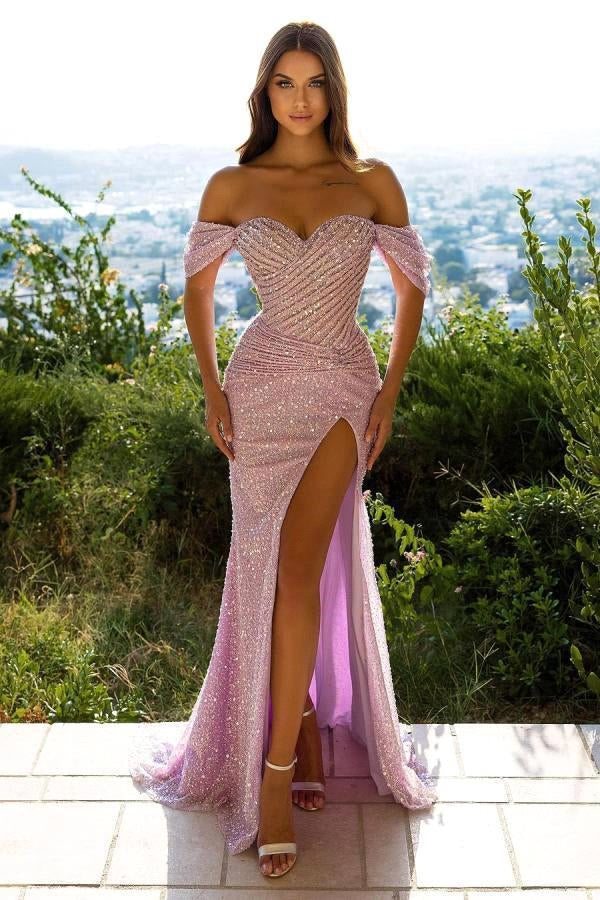Modern Off-the-Shoulder Sequins Mermaid Prom Dress with Split-BallBride