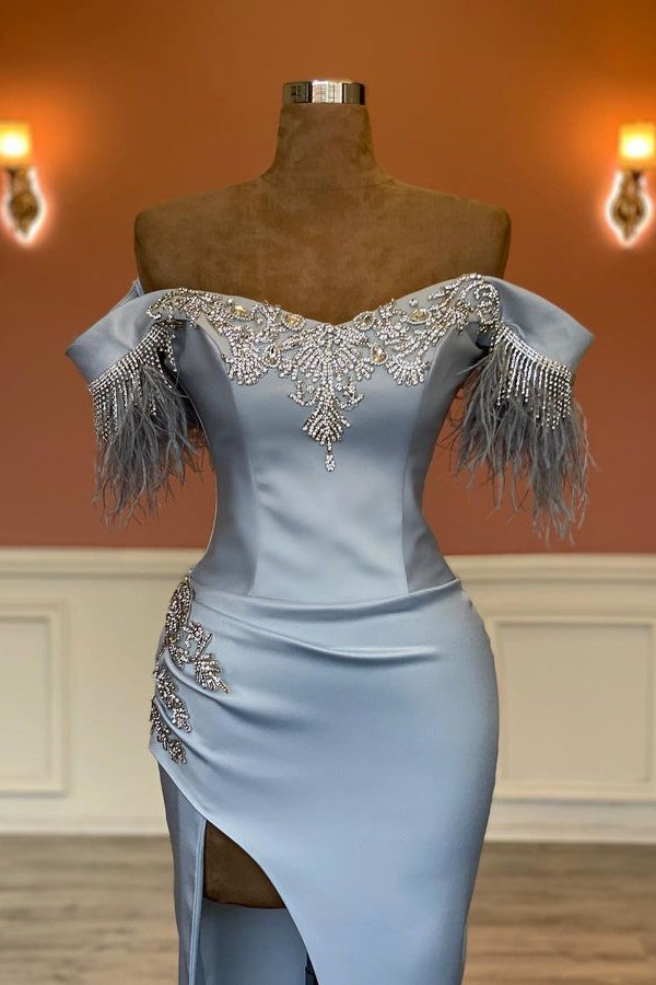 Modern Off-the-Shoulder Sweetheart Mermaid Prom Dress with Beadings and Split Feathers-BallBride