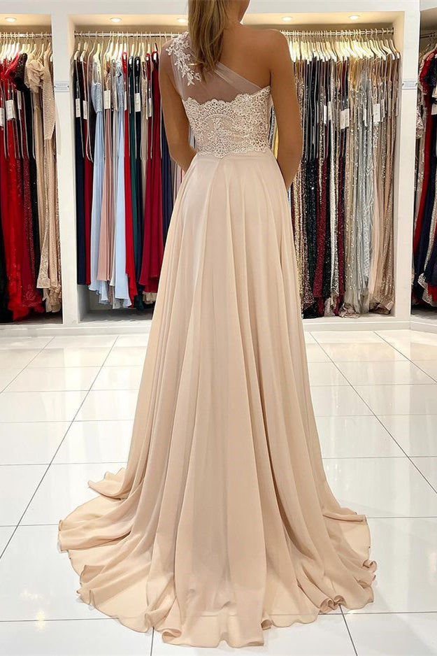 Modern One-Shoulder Lace Appliques Prom Dress with Slit in Chiffon-BallBride