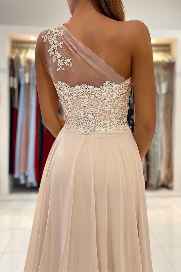 Modern One-Shoulder Lace Appliques Prom Dress with Slit in Chiffon-BallBride