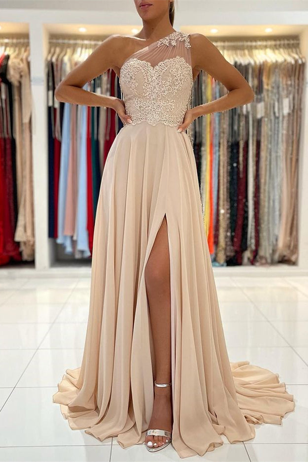 Modern One-Shoulder Lace Appliques Prom Dress with Slit in Chiffon-BallBride