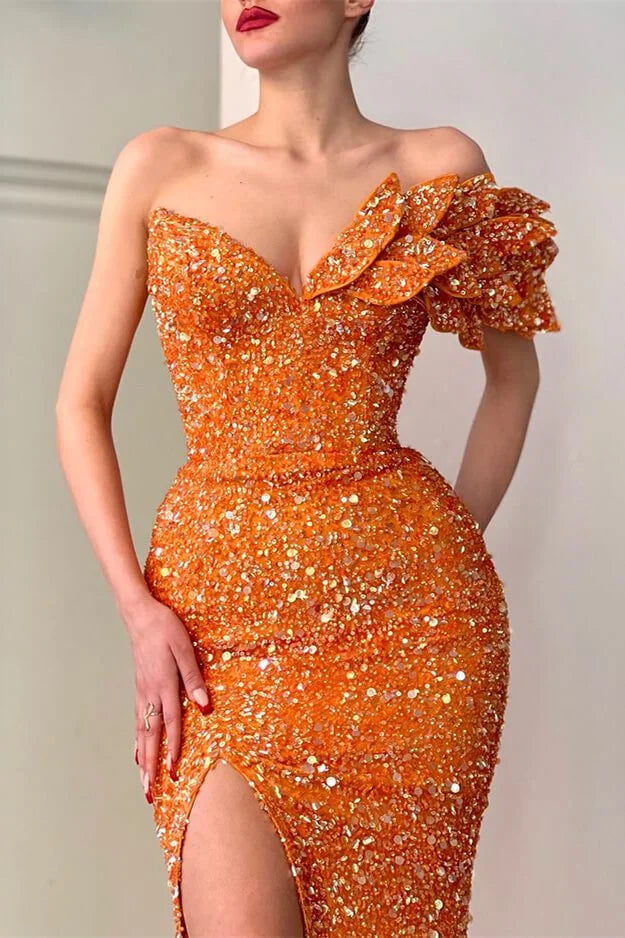 Modern Orange Long Off-the-Shoulder Mermaid Sequins Evening Prom Dress With Slit-BallBride