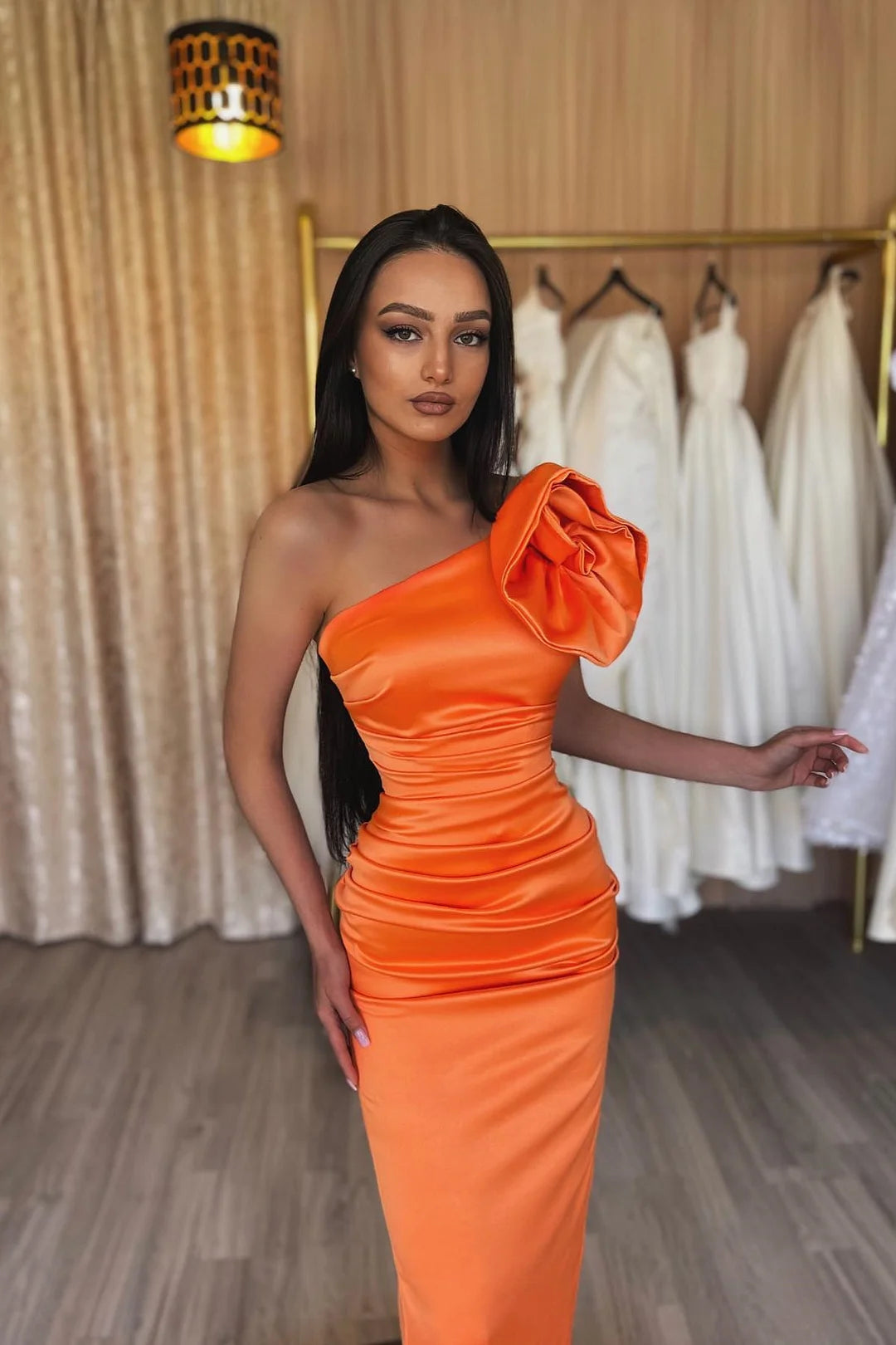 Modern Orange One Shoulder Prom Dress Sleeveless Sheath Evening Gown-BallBride