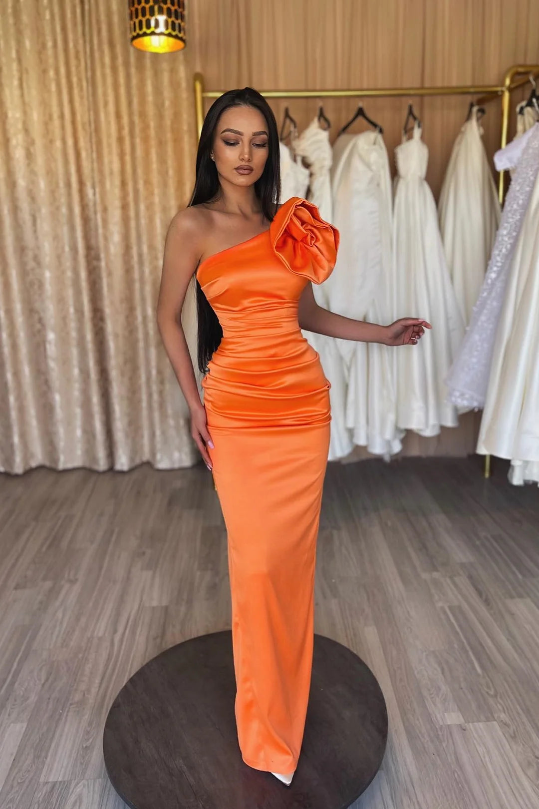 Modern Orange One Shoulder Prom Dress Sleeveless Sheath Evening Gown-BallBride