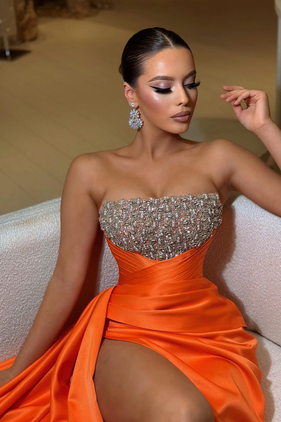 Modern Orange Slit Prom Dresses with Beads-BallBride