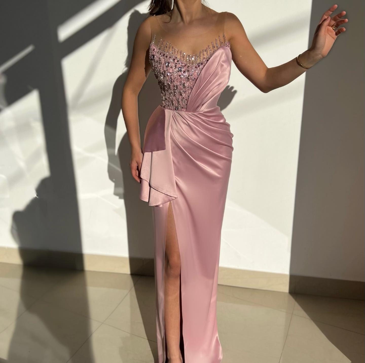 Modern Pink Beaded Mermaid Prom Dress With Split Sleeveless Scoop-BallBride