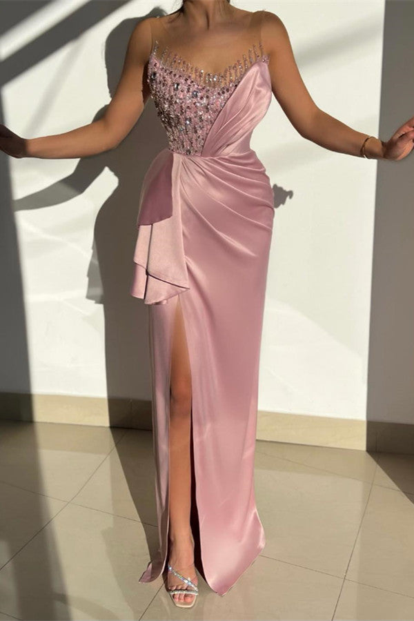 Modern Pink Beaded Mermaid Prom Dress With Split Sleeveless Scoop-BallBride