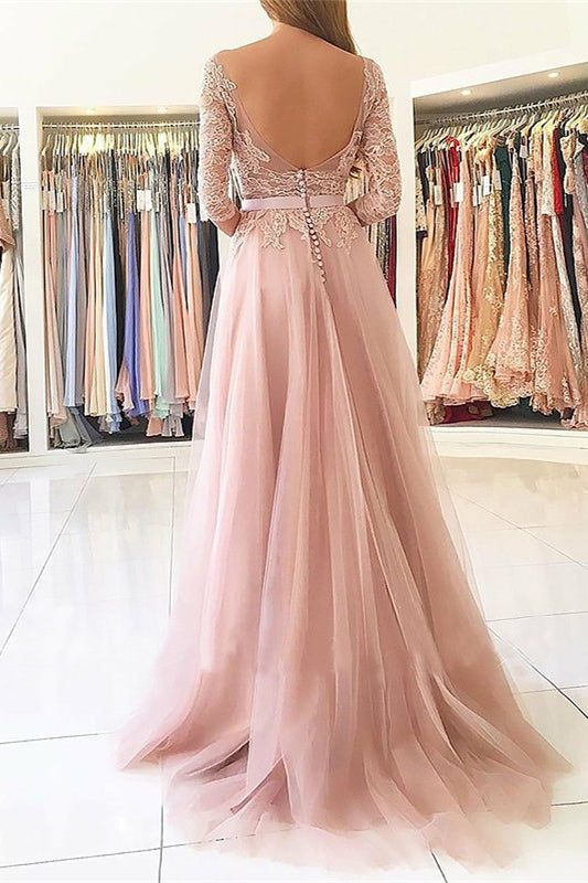 Modern Pink Evening Dress with 3/4 Sleeves and Appliques Split-BallBride