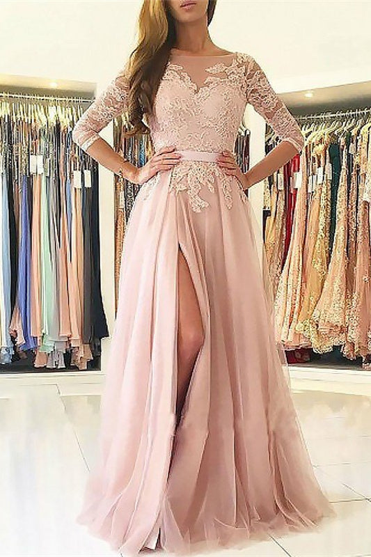 Modern Pink Evening Dress with 3/4 Sleeves and Appliques Split-BallBride