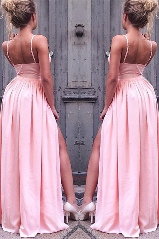 Modern Pink Long Evening Dress with Slit and Spaghetti-Straps-BallBride