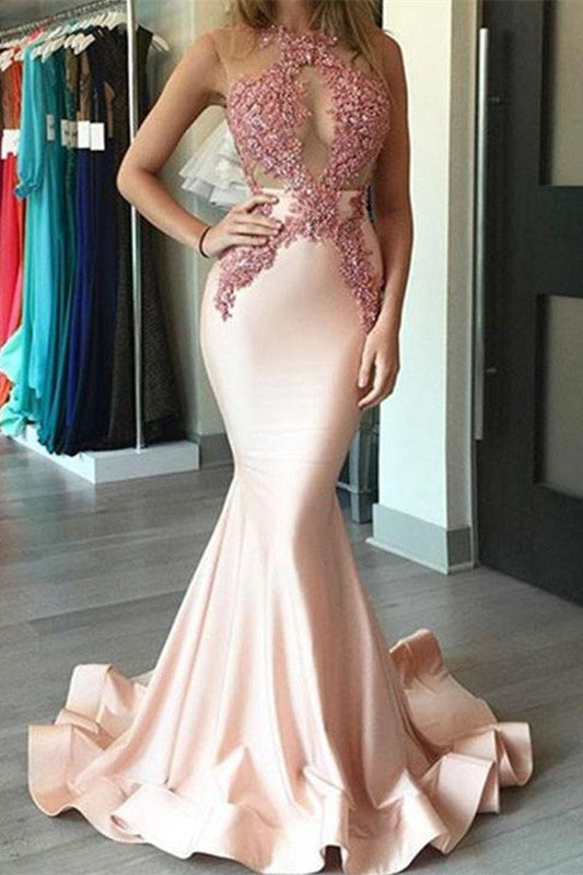 Modern Pink Mermaid Prom Dress with Lace Appliques-BallBride