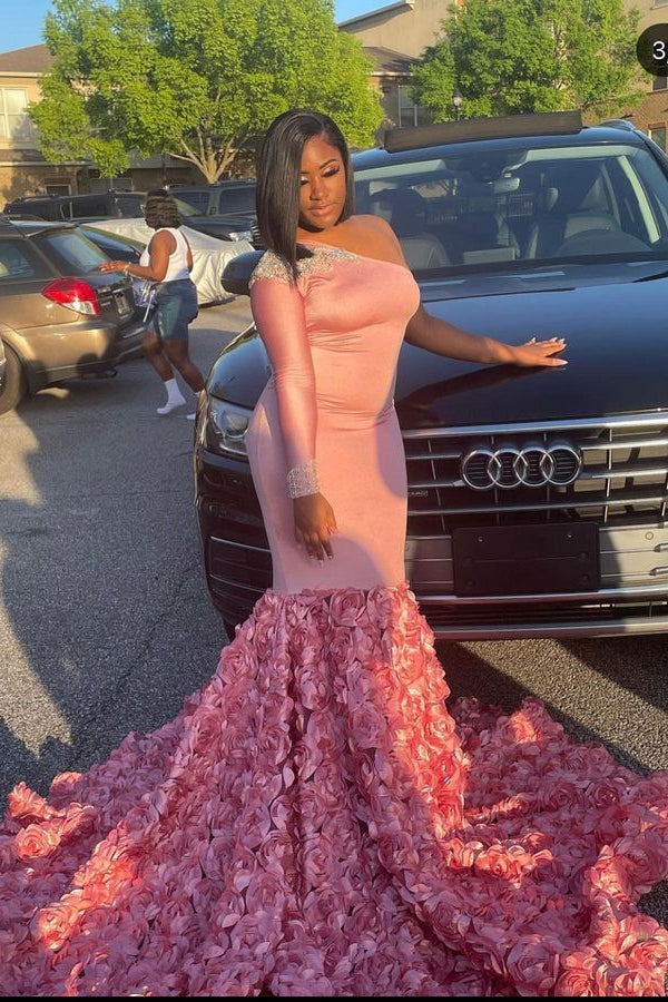 Modern Pink One Shoulder Mermaid Prom Dress with Flower Bottom-BallBride