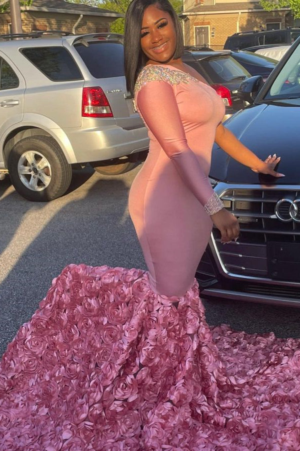 Modern Pink One Shoulder Mermaid Prom Dress with Flower Bottom-BallBride