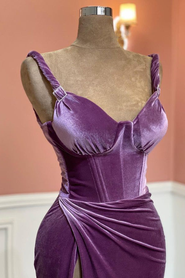 Modern Purple Sweetheart Mermaid Velvet Prom Dress with Split-BallBride
