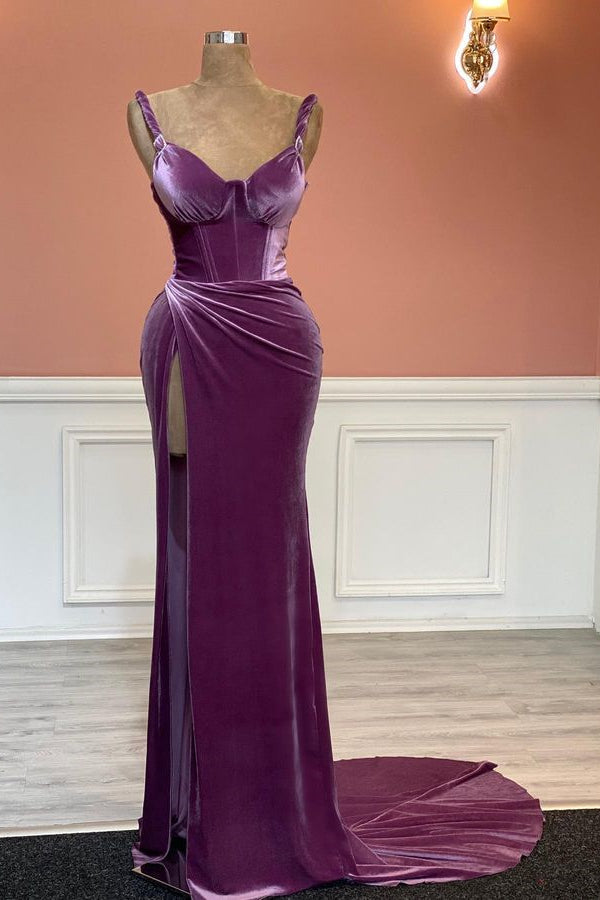 Modern Purple Sweetheart Mermaid Velvet Prom Dress with Split-BallBride