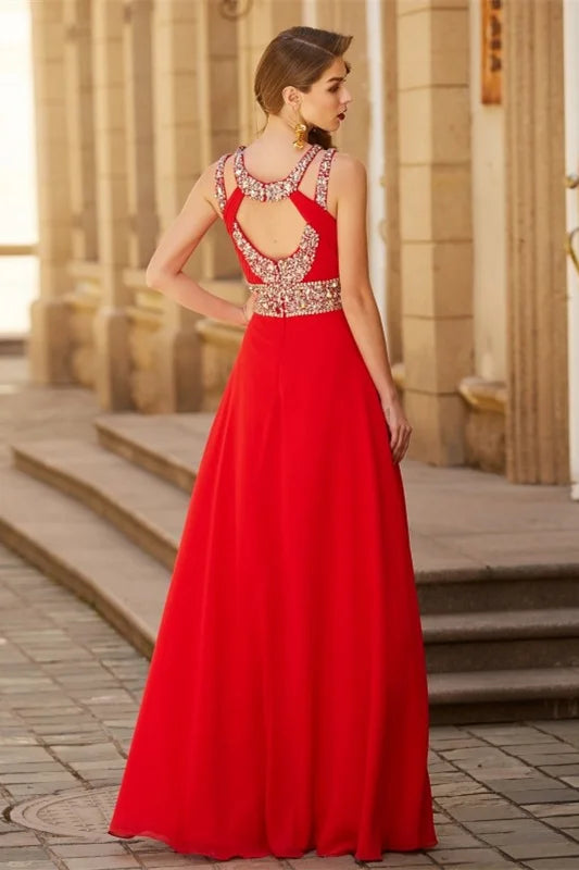 Modern Red Halter Evening Dress Split With Crystals-BallBride