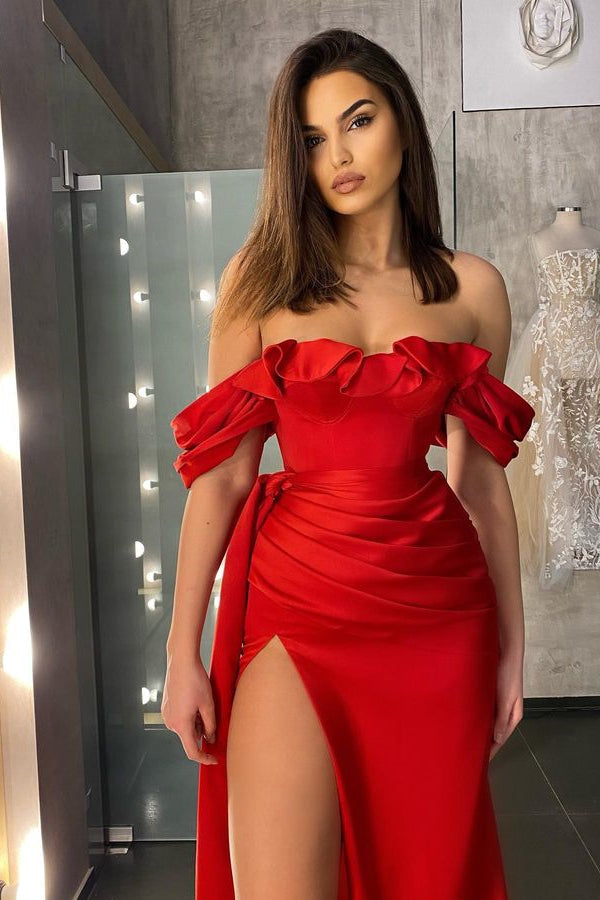 Modern Red Off-the-Shoulder Evening Gowns with Mermaid Slit and Ruffles Long Online-BallBride