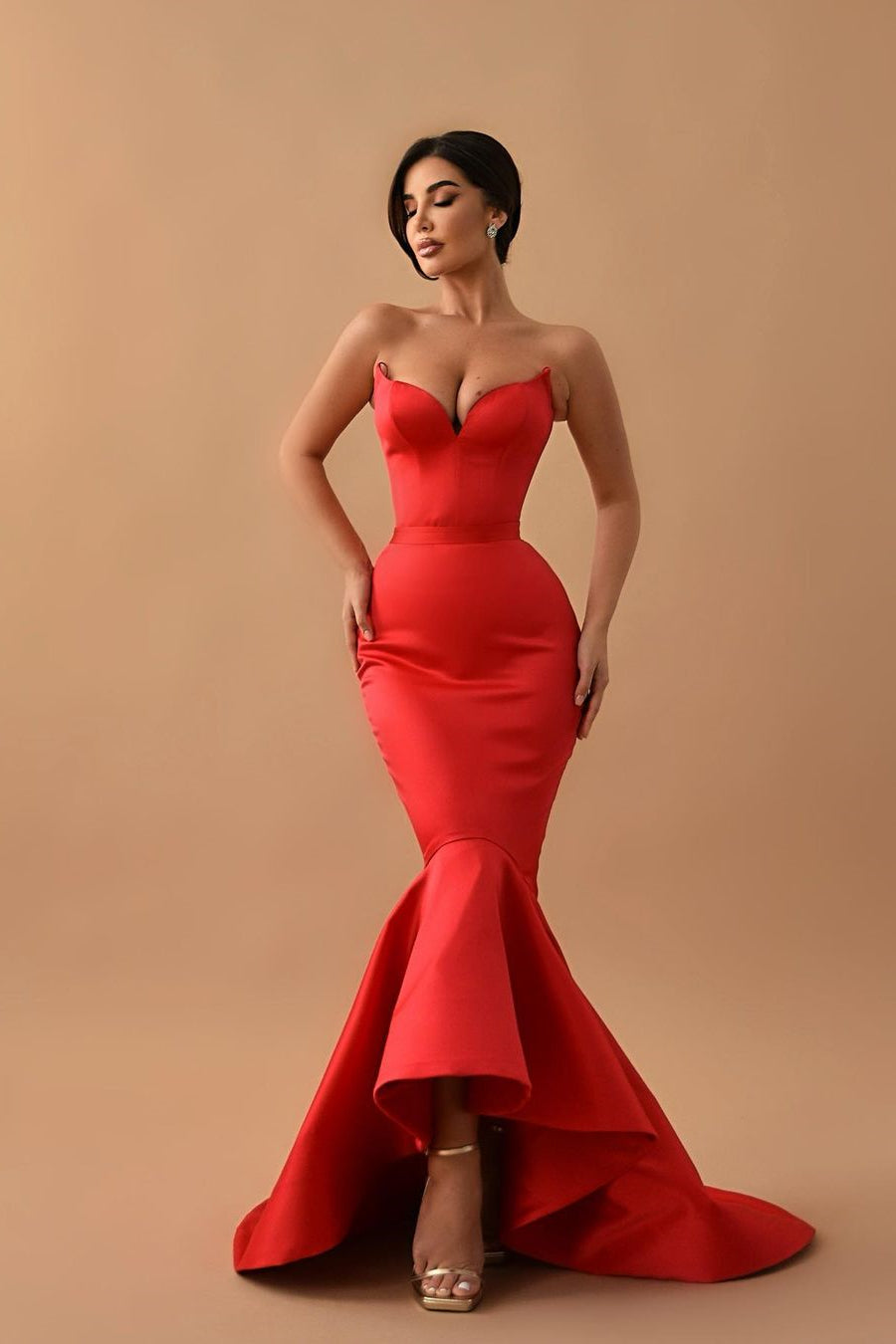 Modern Red Sleeveless Sweetheart Mermaid Evening Dress With Lace-up Back-BallBride