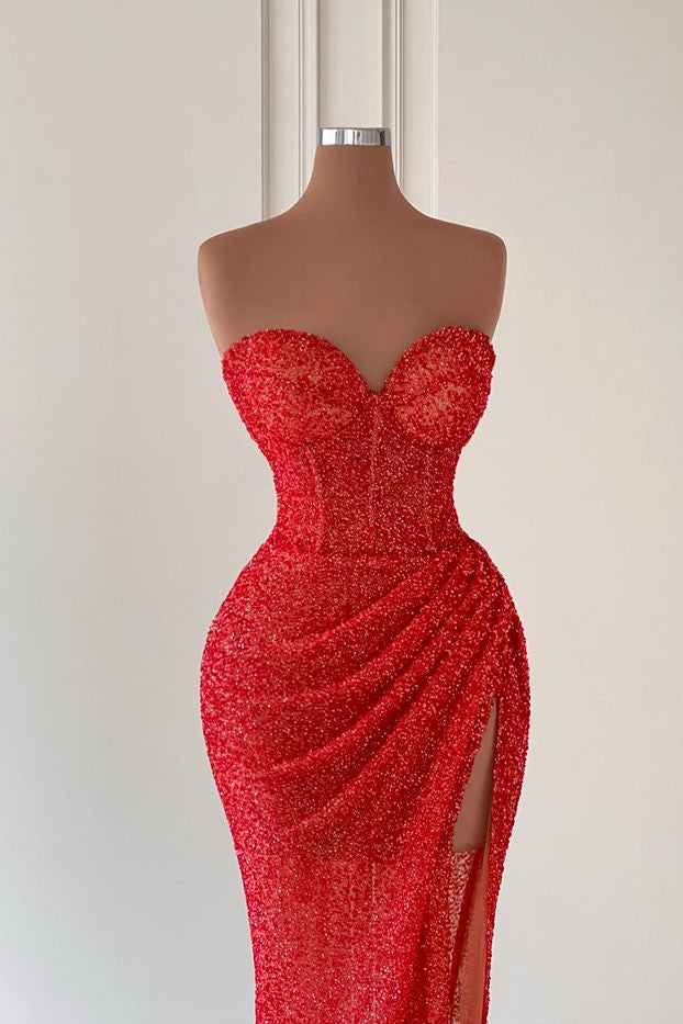 Modern Red Sweetheart Mermaid Prom Dress with Slit and Sequins-BallBride