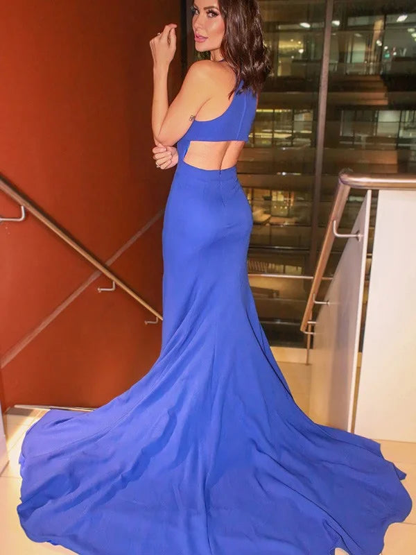 Modern Royal Blue Halter Mermaid Evening Dress Split-BallBride