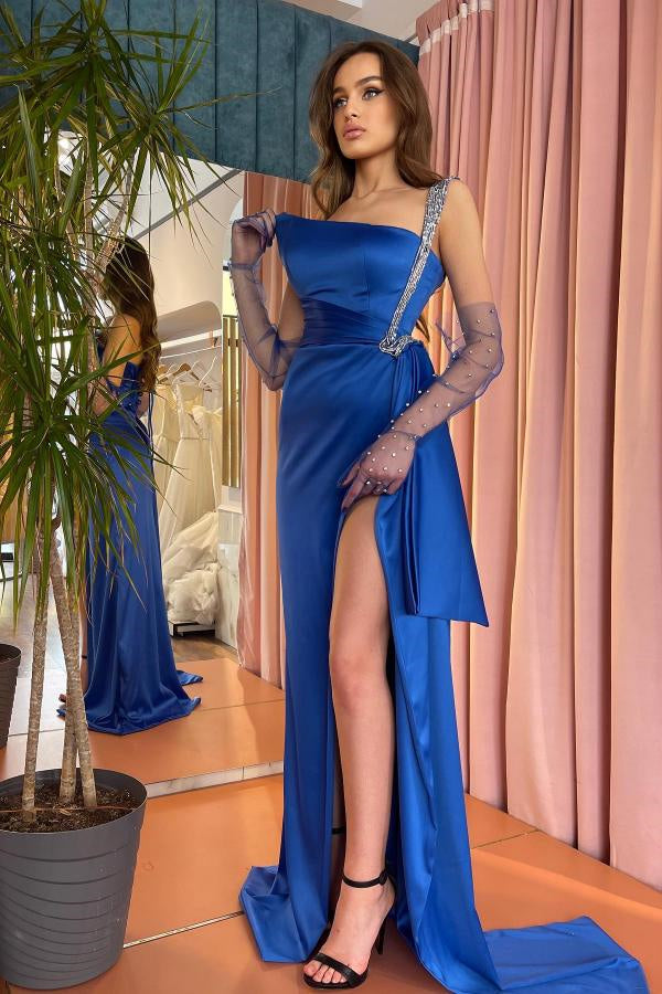 Modern Royal Blue One Shoulder Mermaid Evening Gown with High Split-BallBride