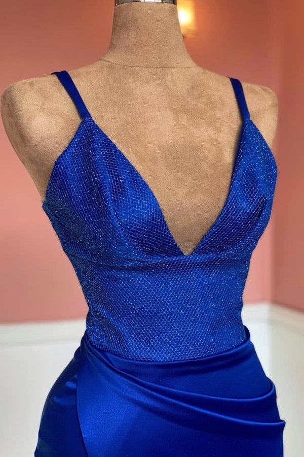 Modern Royal Blue V-Neck Mermaid Prom Dress with Split-BallBride