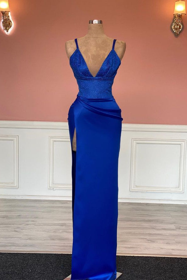Modern Royal Blue V-Neck Mermaid Prom Dress with Split-BallBride