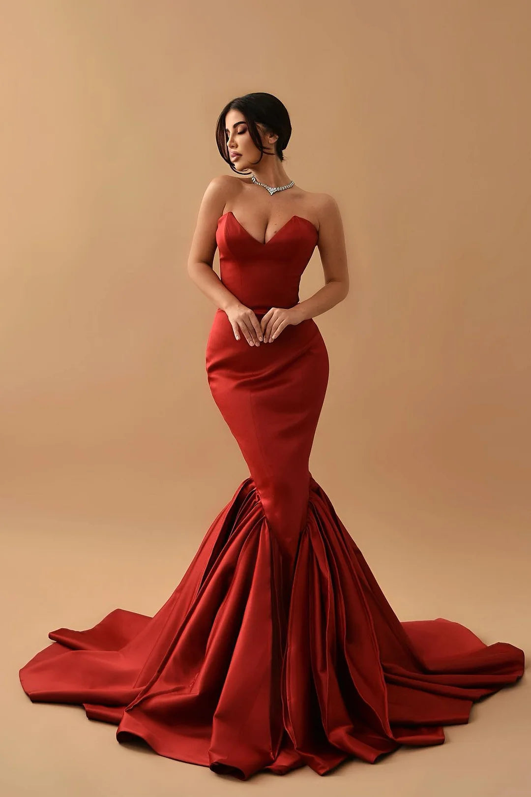 Modern Rust Mermaid Evening Dress Sweetheart Long Ruffle Bottom-BallBride