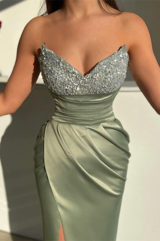 Modern Sage Sweetheart Prom Dresses With Slit and Beads-BallBride