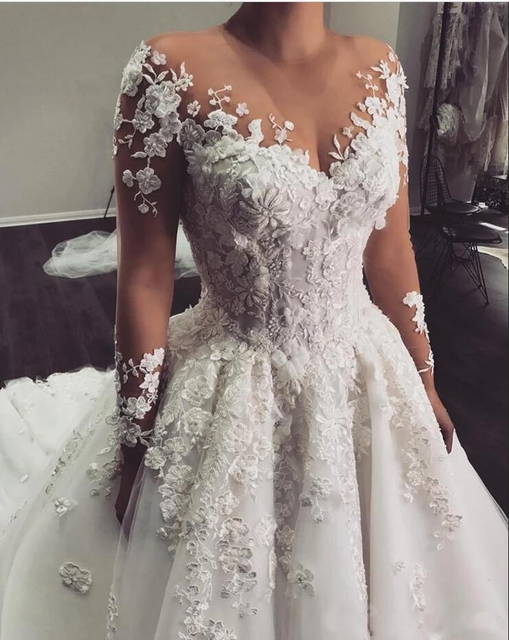 Modern Scoop Long Sleeve Wedding Dress with Lace Appliques-BallBride