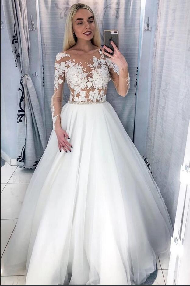 Modern Scoop Long Sleeves Wedding Dress with Lace Appliques and Tulle-BallBride