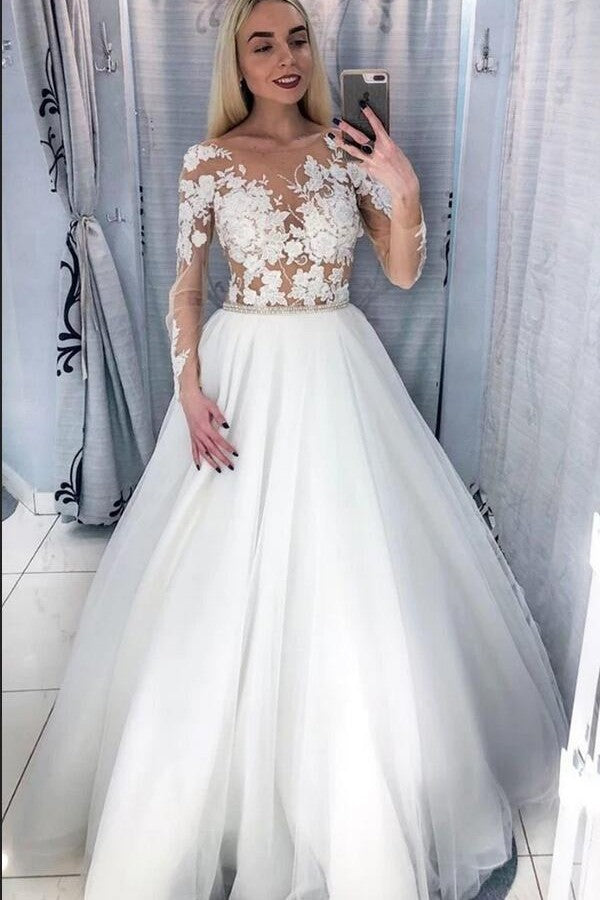 Modern Scoop Long Sleeves Wedding Dress with Lace Appliques and Tulle-BallBride