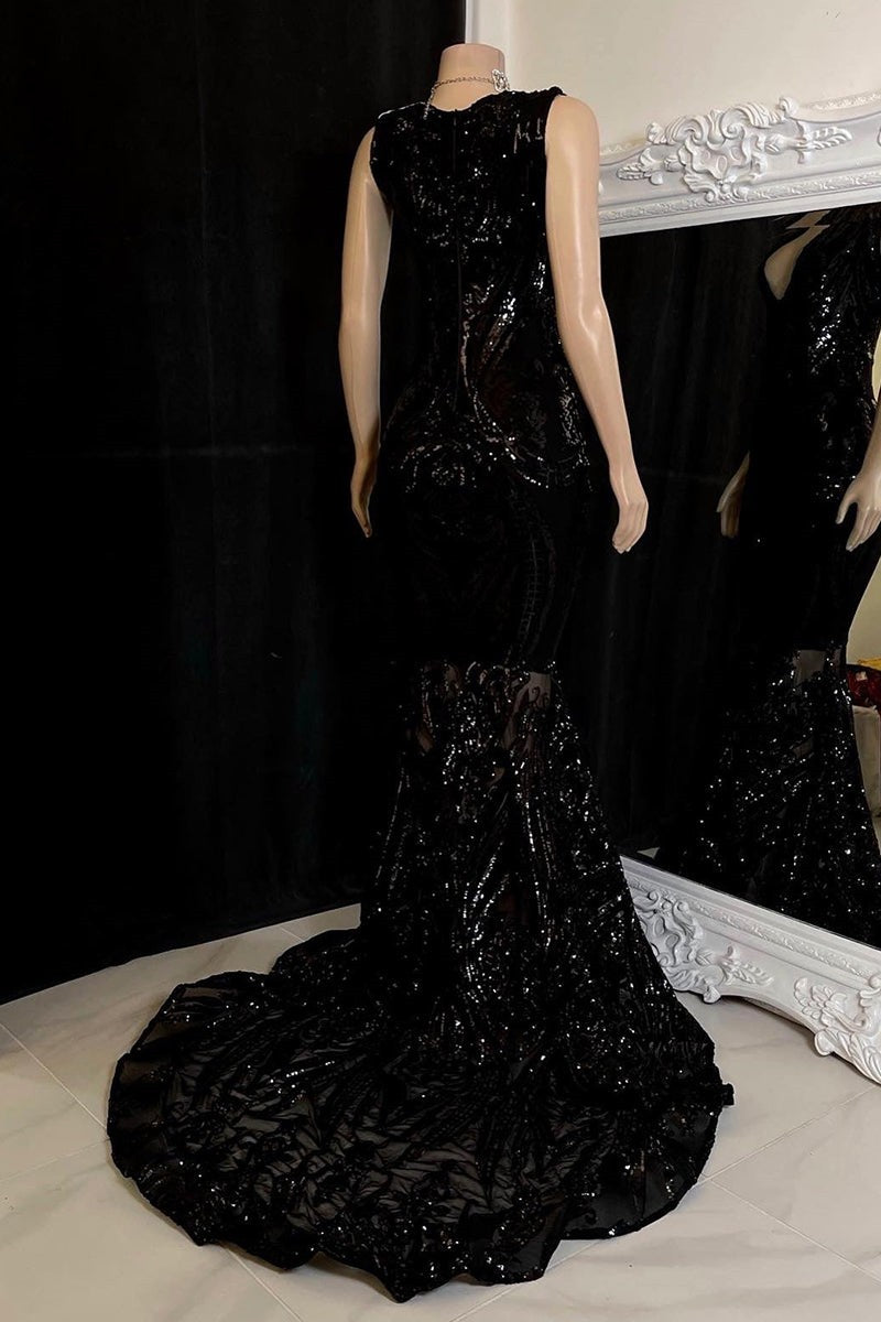 Modern Sequins Long Sleeveless V-Neck Mermaid Prom Dress Online-BallBride