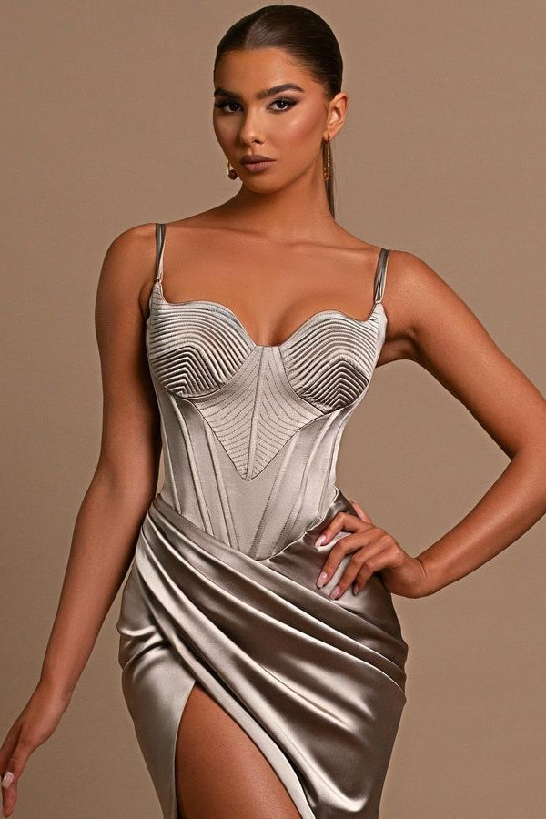 Modern Silver Sleeveless Spaghetti-Straps Evening Gown with Slit-BallBride