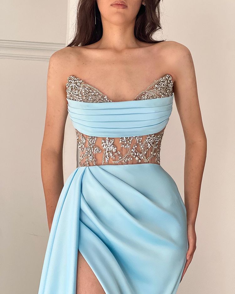 Modern Sky Blue Strapless Mermaid Prom Dress with Beads-BallBride