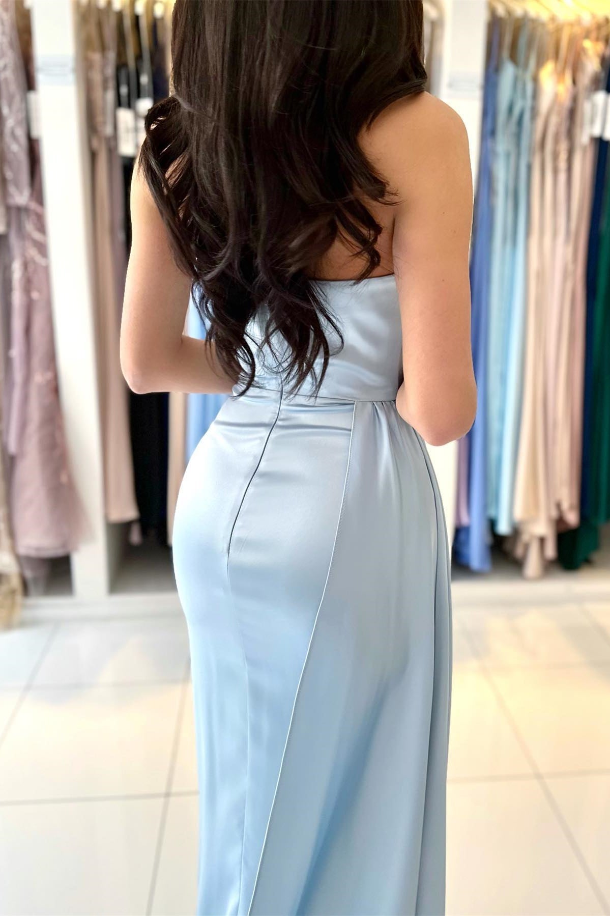 Modern Sky Blue Strapless Mermaid Prom Dress with Split Ruffle-BallBride