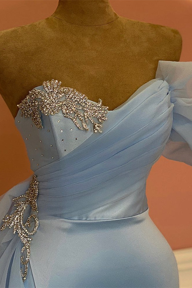 Modern Sky Blue Sweetheart Mermaid Prom Dress with Beadings and Split Tulle Ruffles-BallBride